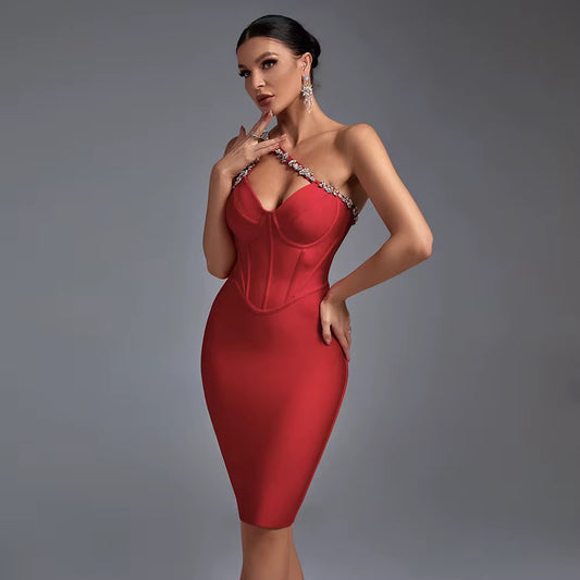 Elegant One-Shoulder Crystal Bodycon Mini Dress - Bandage Party Dress