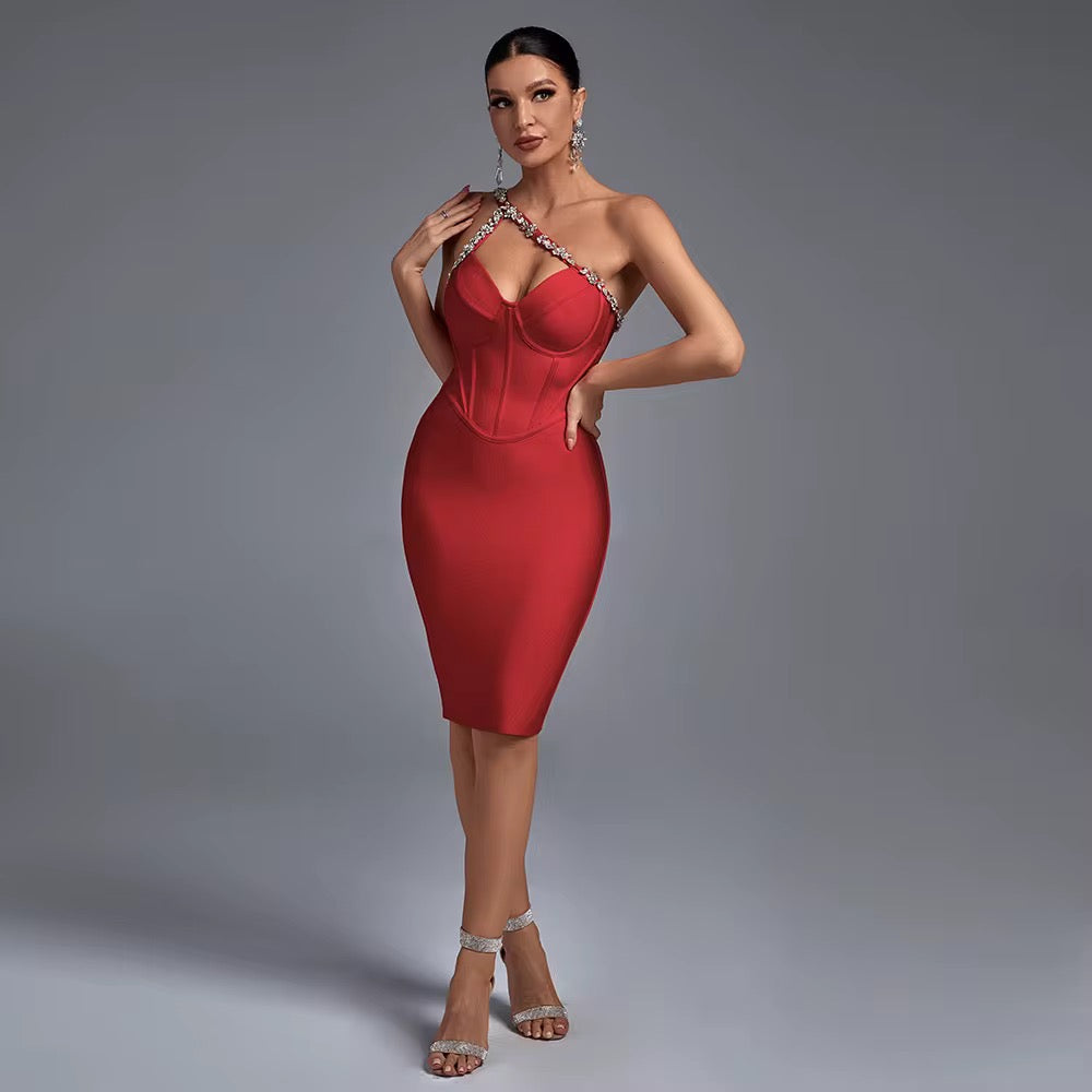 Elegant One-Shoulder Crystal Bodycon Mini Dress - Bandage Party Dress