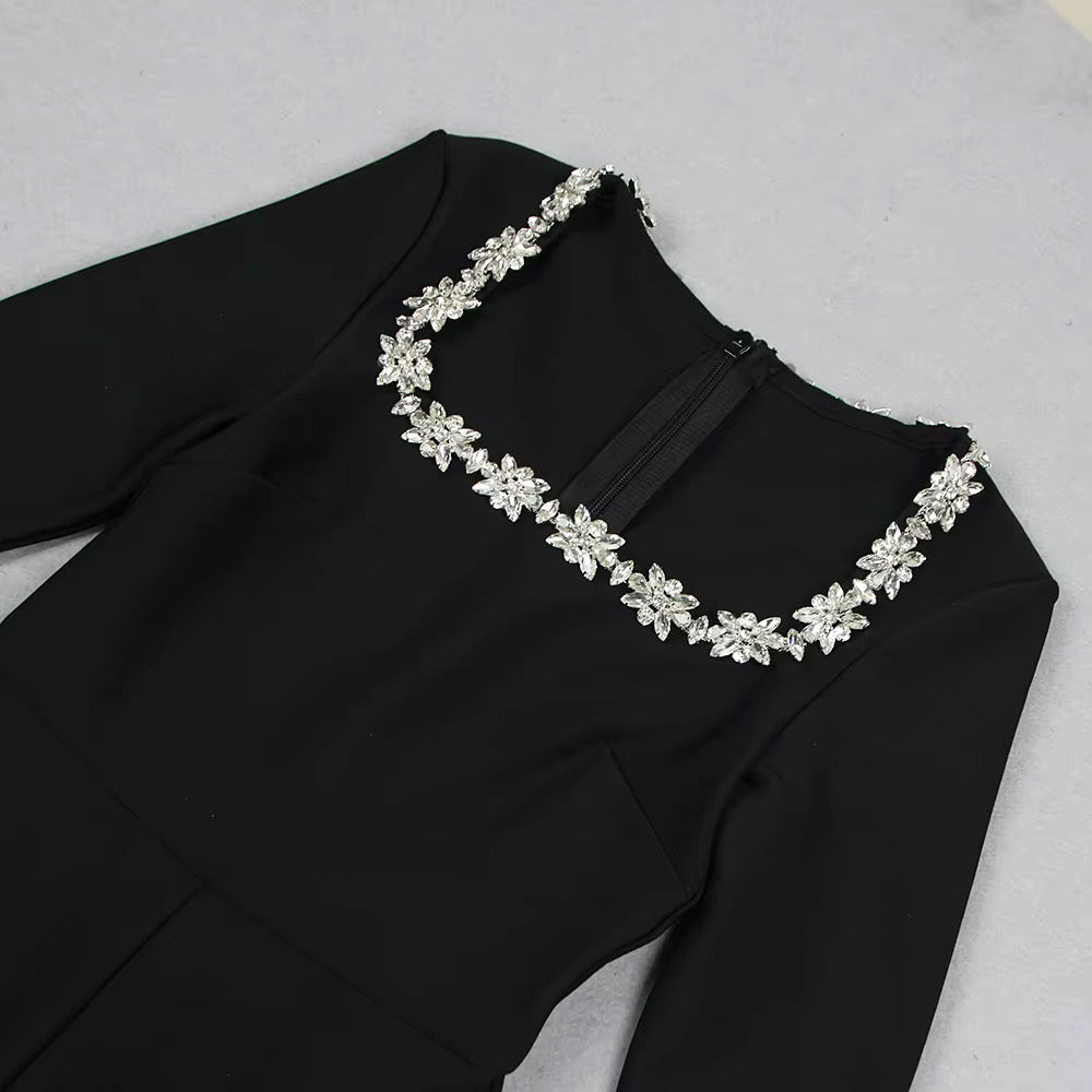 Elegant Rhinestone Beaded Jumpsuit - Long Sleeve Square Collar