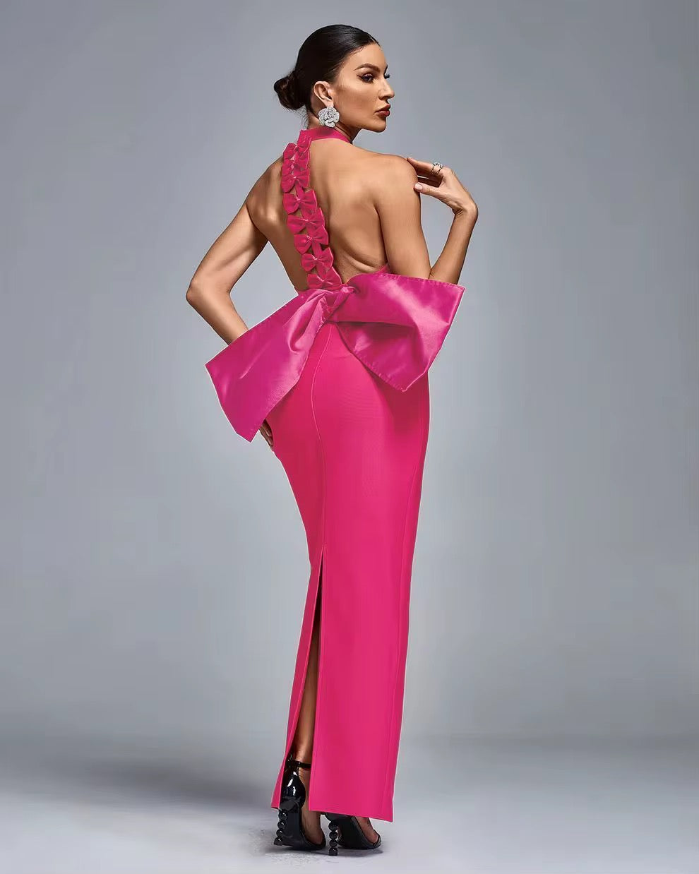 Backless 3D Bow Halter Evening Dress - Sexy Maxi Gown