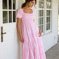 Elegant Pink Smocked Midi Dress with Puff Sleeves