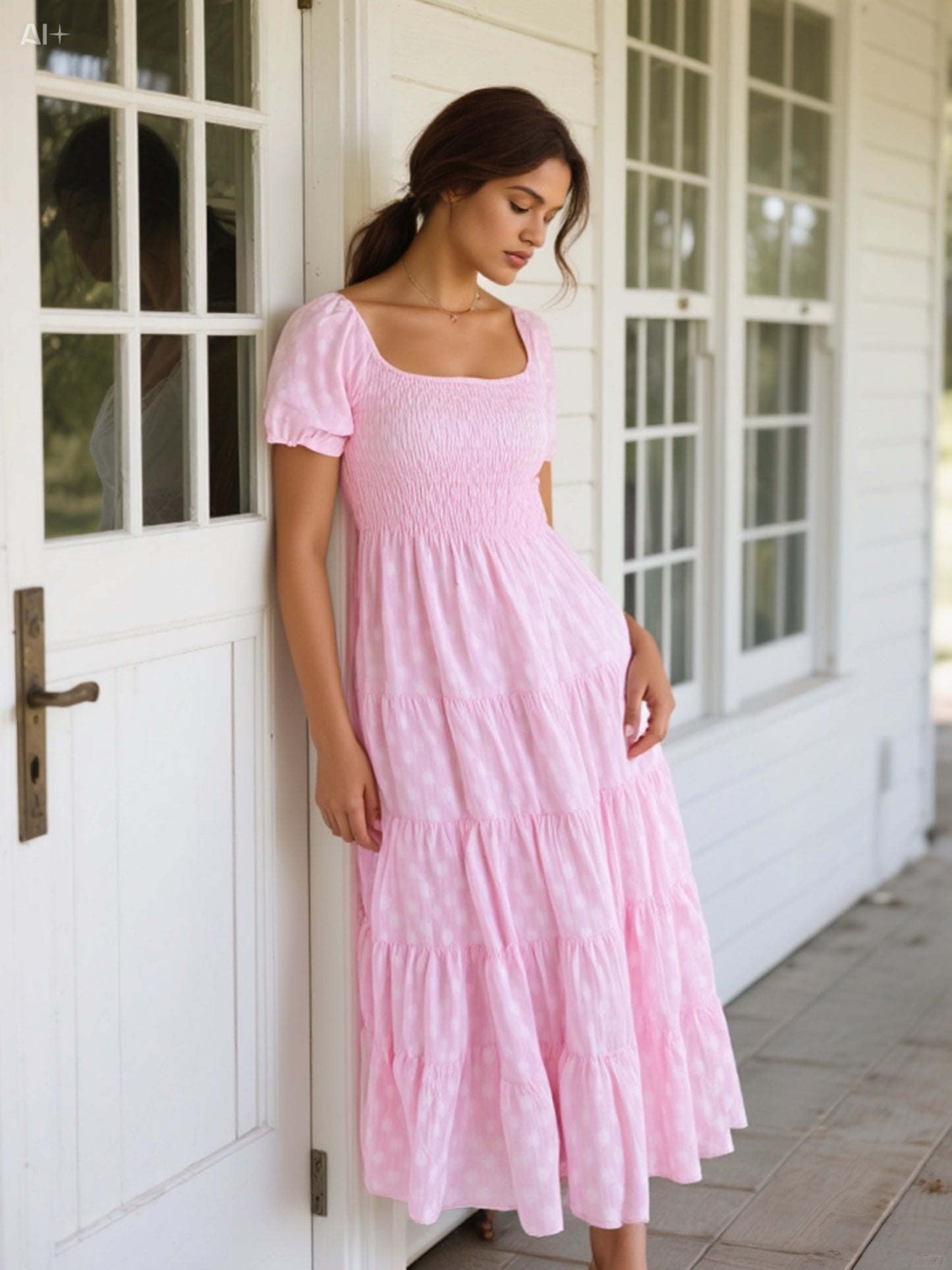 Elegant Pink Smocked Midi Dress with Puff Sleeves
