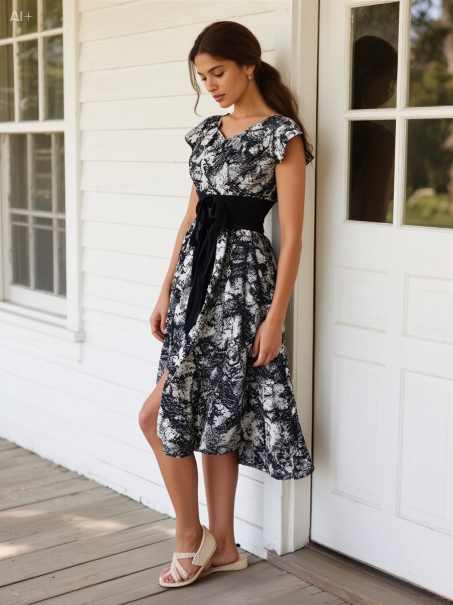 Elegant Black and White Floral Fit-and-Flare Dress