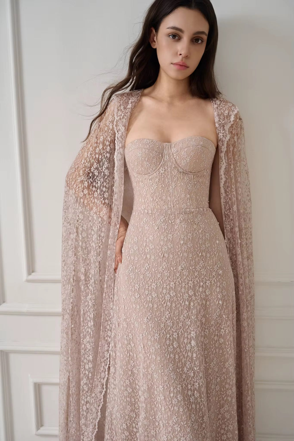 Aurora Lace Rhinestone Long Cape - Crystal Embellished Evening Wear