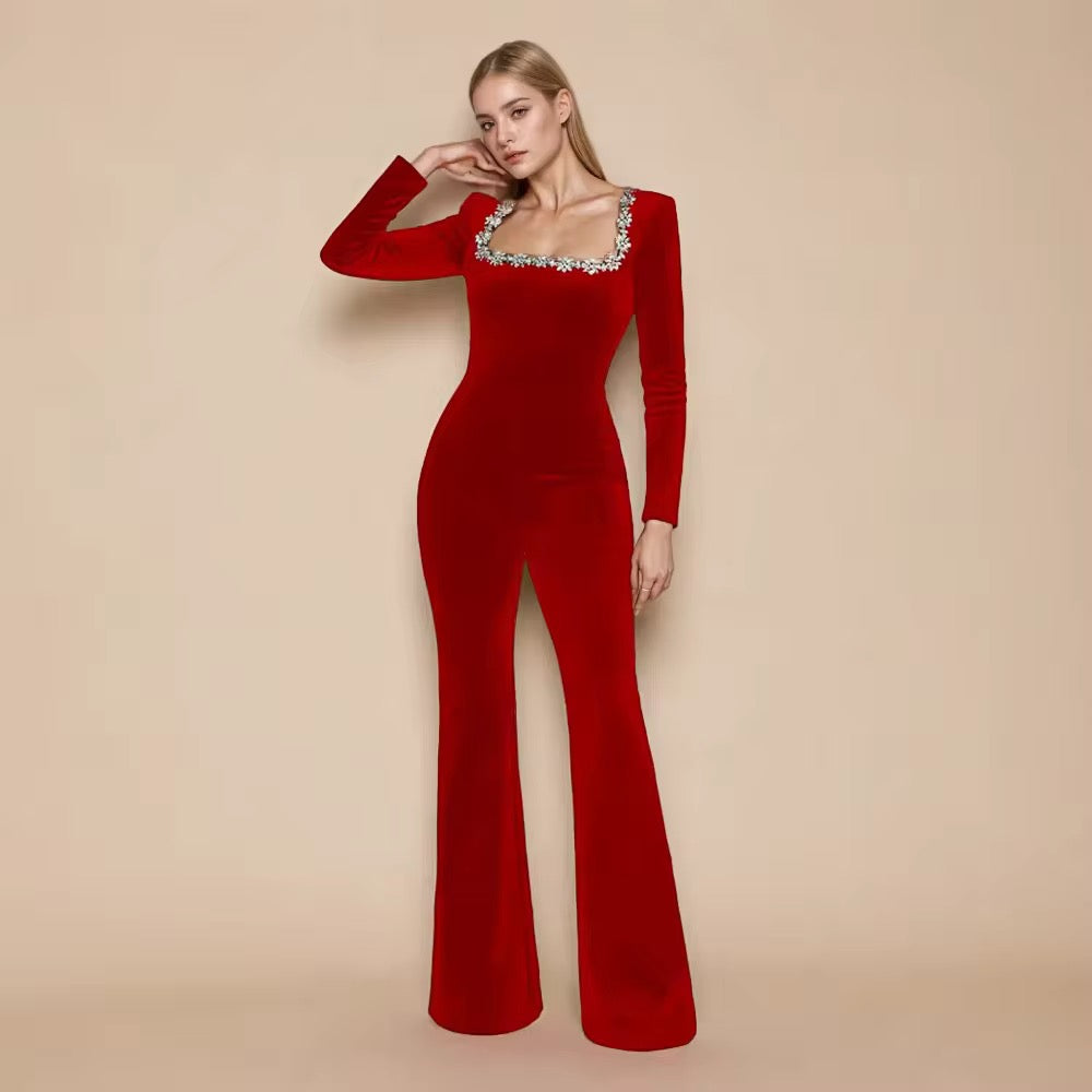Elegant Rhinestone Beaded Jumpsuit - Long Sleeve Square Collar