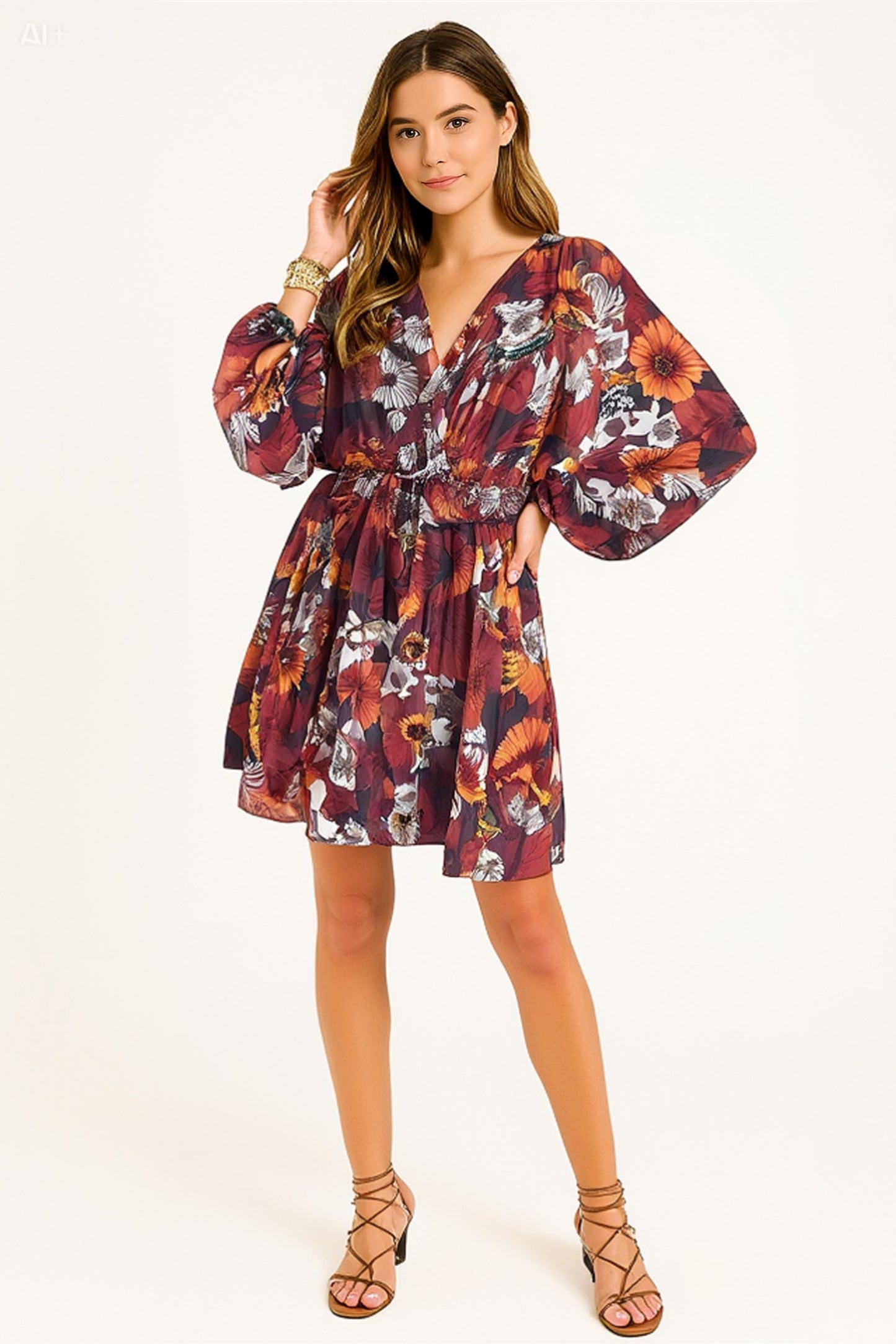 Bohemian Floral Mini Dress with Balloon Sleeves