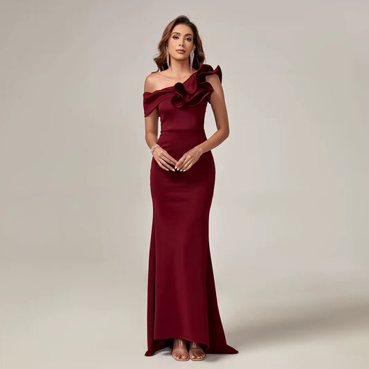 Women's One-Shoulder Sequined Party Dress - Elegant V-Neck Maxi Gown with Chapel Train