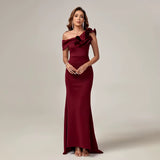 Women's One-Shoulder Sequined Party Dress - Elegant V-Neck Maxi Gown with Chapel Train