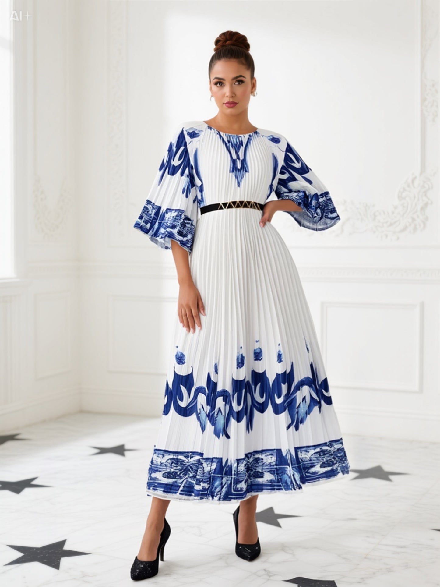 Elegant Blue and White Pleated Maxi Dress with Artistic Print
