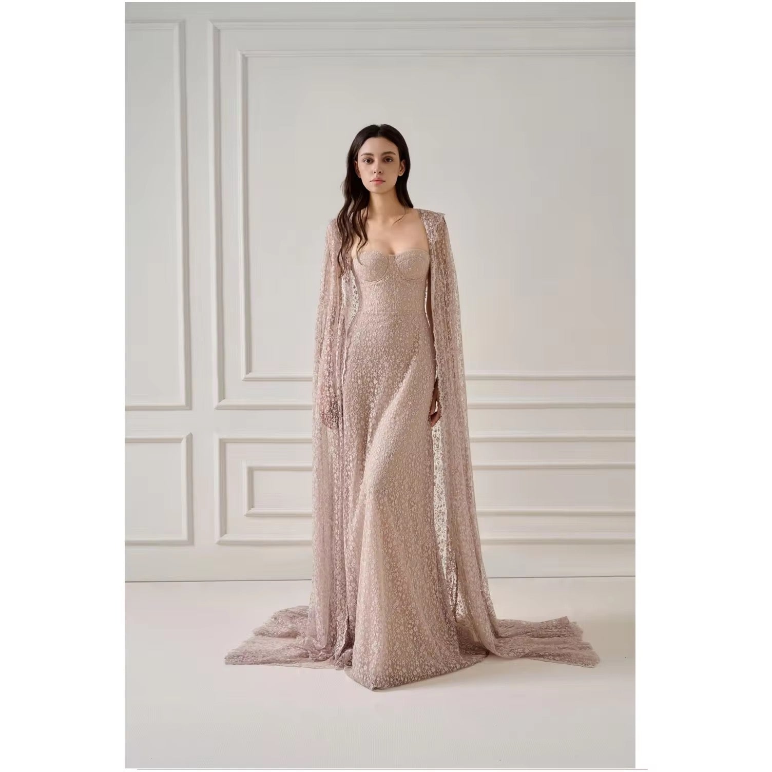 Aurora Lace Rhinestone Long Cape - Crystal Embellished Evening Wear