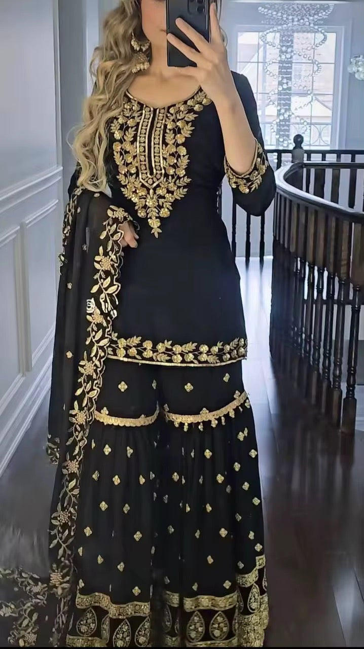 Punjabi Dhoti Salwar with Heavy Embroidery - Black