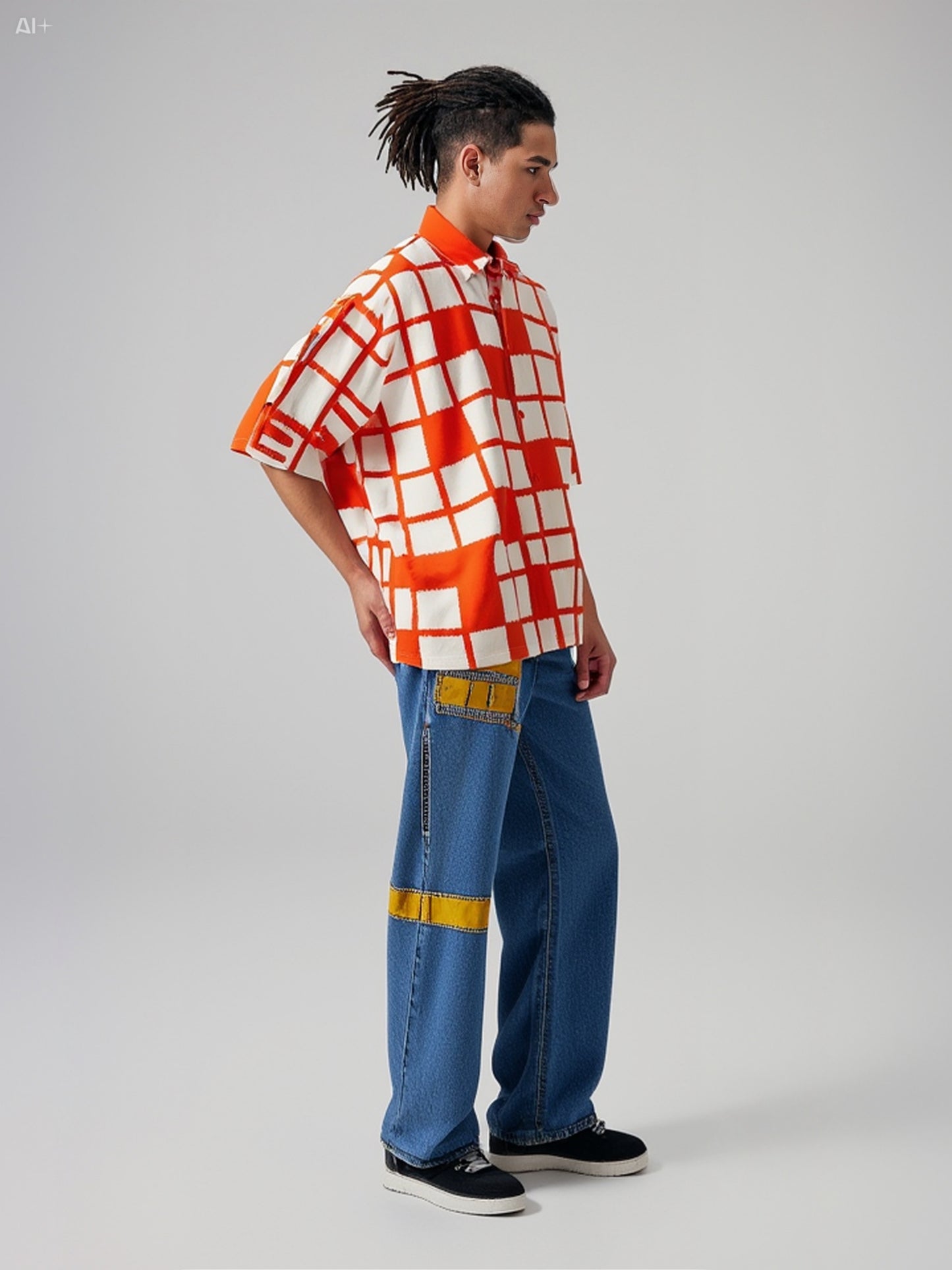 Oversized Check Shirt in Vibrant Orange & Cream
