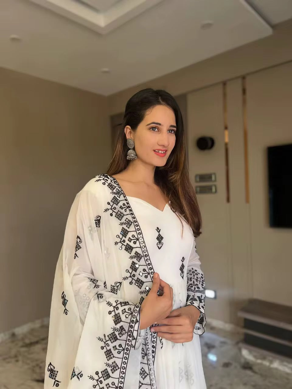 Stylish White Salwar Kameez - Embroidered Georgette Party Wear