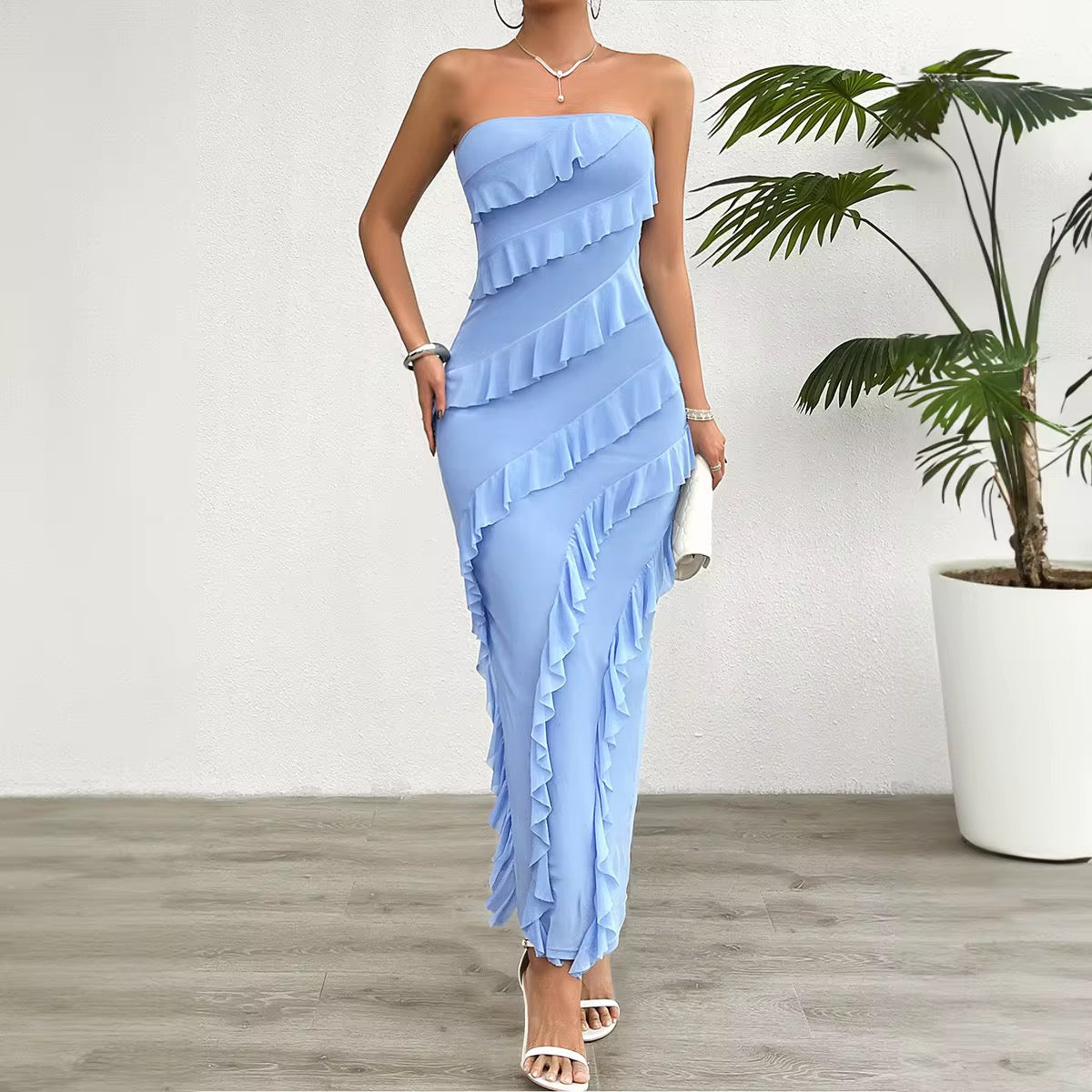 Women's Casual Strapless Bodycon Dress - Hollow-Out Floor-Length Summer Maxi Dress