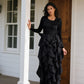 Dramatic Black Evening Gown with Cascading Ruffle Skirt