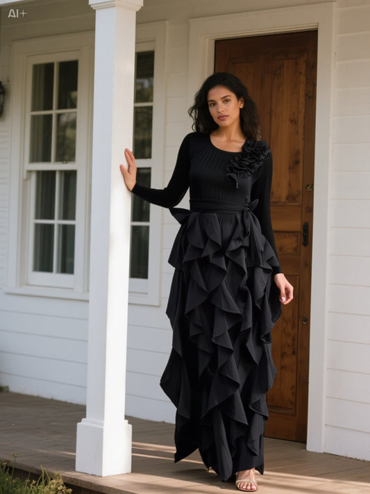 Dramatic Black Evening Gown with Cascading Ruffle Skirt