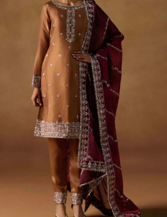 Pure Chiffon Embroidered Punjabi Suit - Beige Gold Premium Work Wear