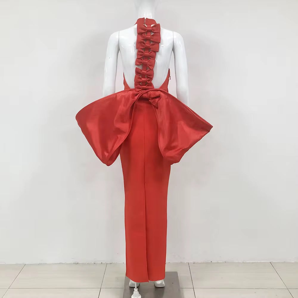 Backless 3D Bow Halter Evening Dress - Sexy Maxi Gown