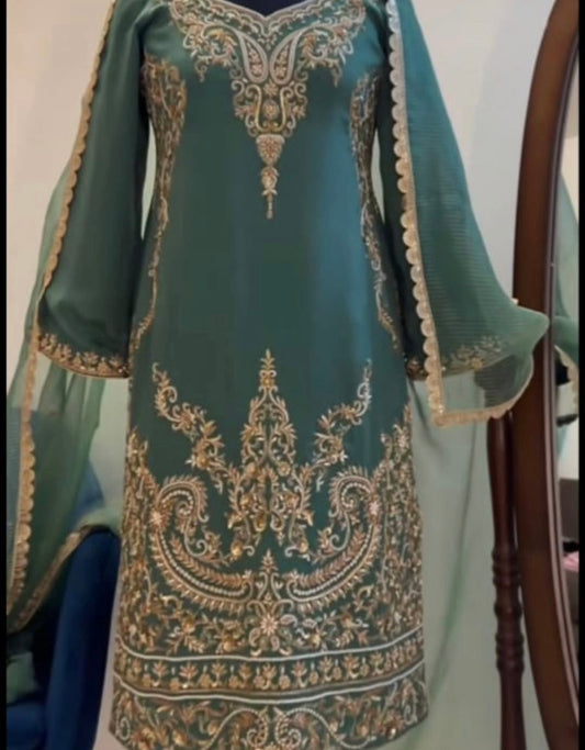 Pure Chiffon Embroidered Punjabi Suit - Teal Green Premium Work Wear