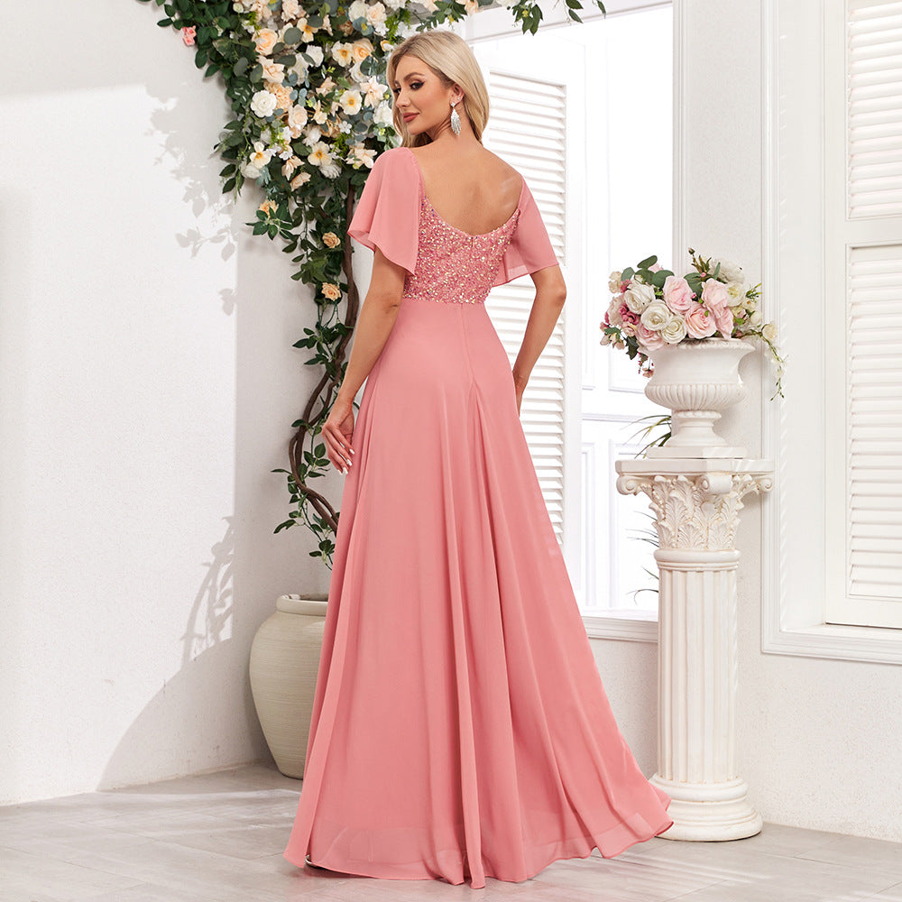 Elegant Pink Maxi Dress with Pleated Skirt