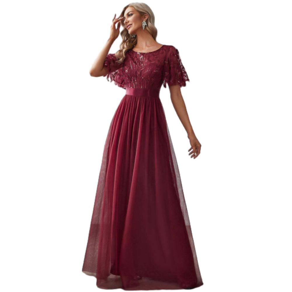 Romantic Burgundy Evening Gown with Elegant Waist Detail