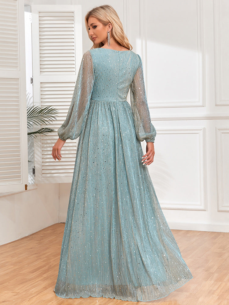 Elegant Long Sleeve Maxi Dress with V-Neck