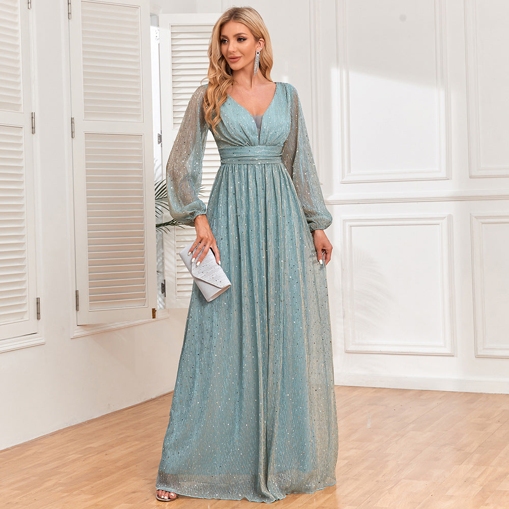 Elegant Long Sleeve Maxi Dress with V-Neck