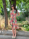 Vestido Midi escote pico estampado hojas palmera multicolor