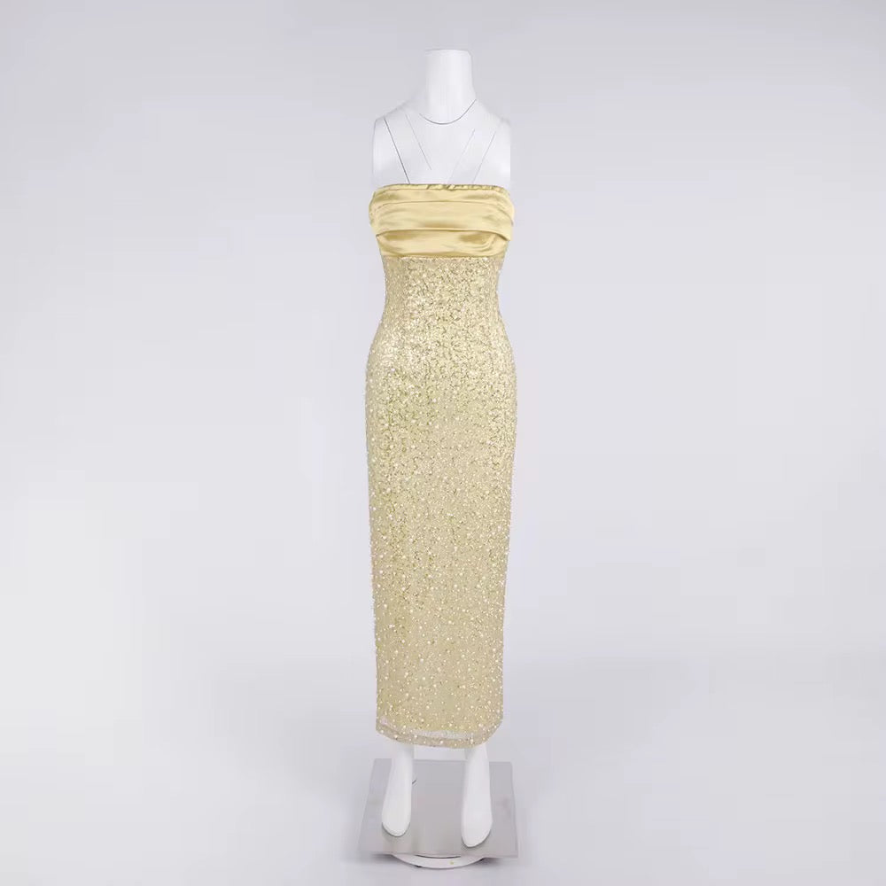 Gold Sequin Pearl Off-Shoulder Prom Dress - Elegant Bodycon Evening Gown