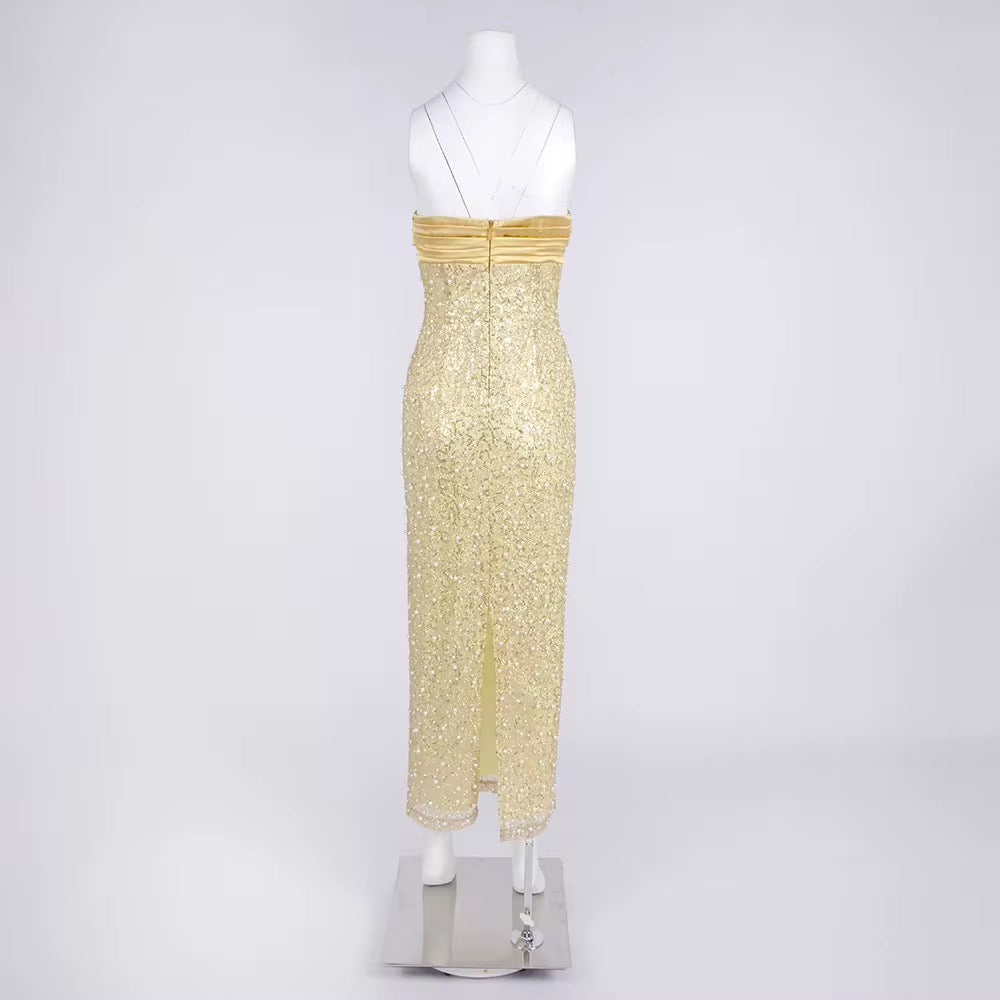 Gold Sequin Pearl Off-Shoulder Prom Dress - Elegant Bodycon Evening Gown