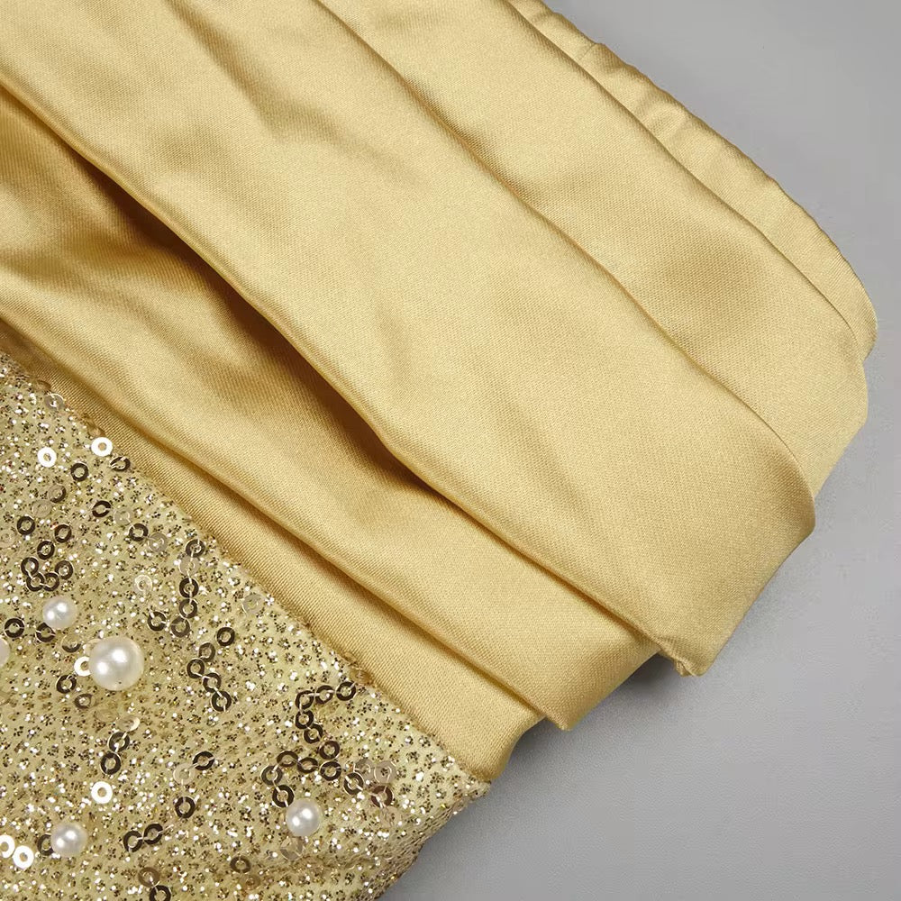 Gold Sequin Pearl Off-Shoulder Prom Dress - Elegant Bodycon Evening Gown