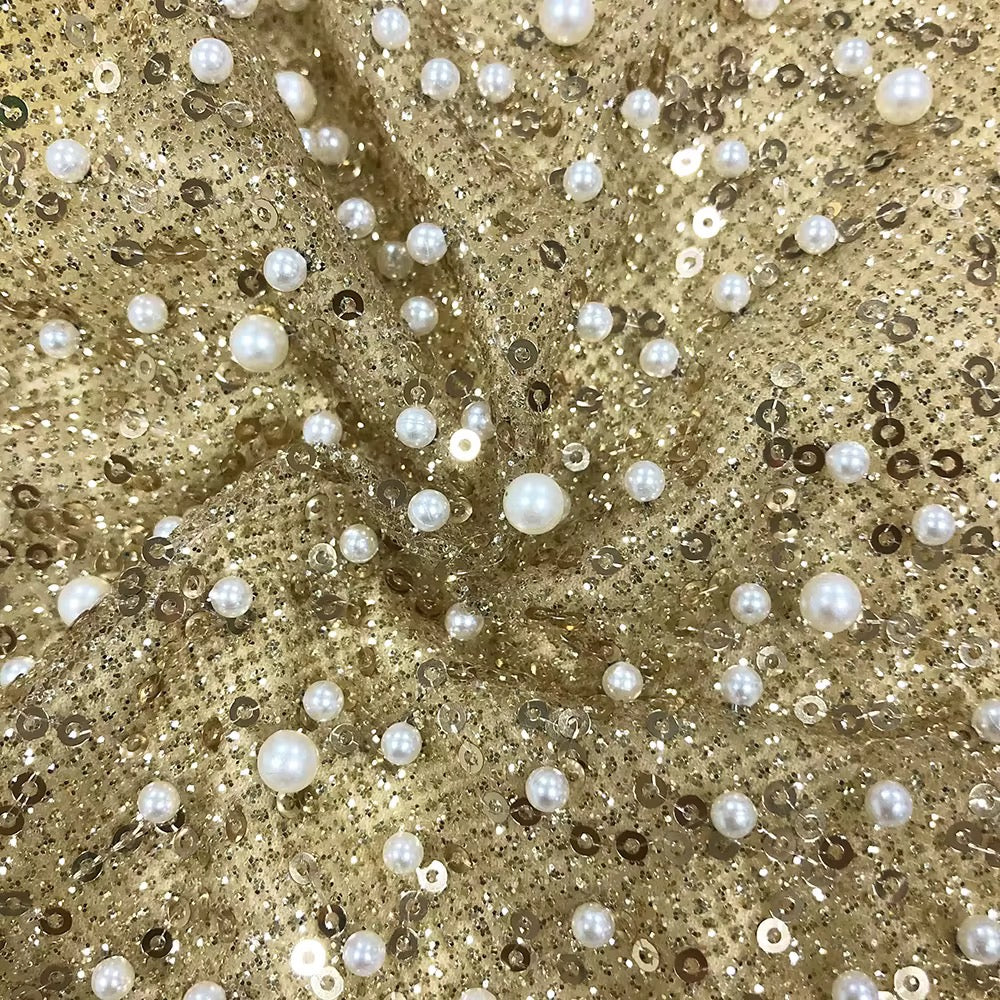 Gold Sequin Pearl Off-Shoulder Prom Dress - Elegant Bodycon Evening Gown