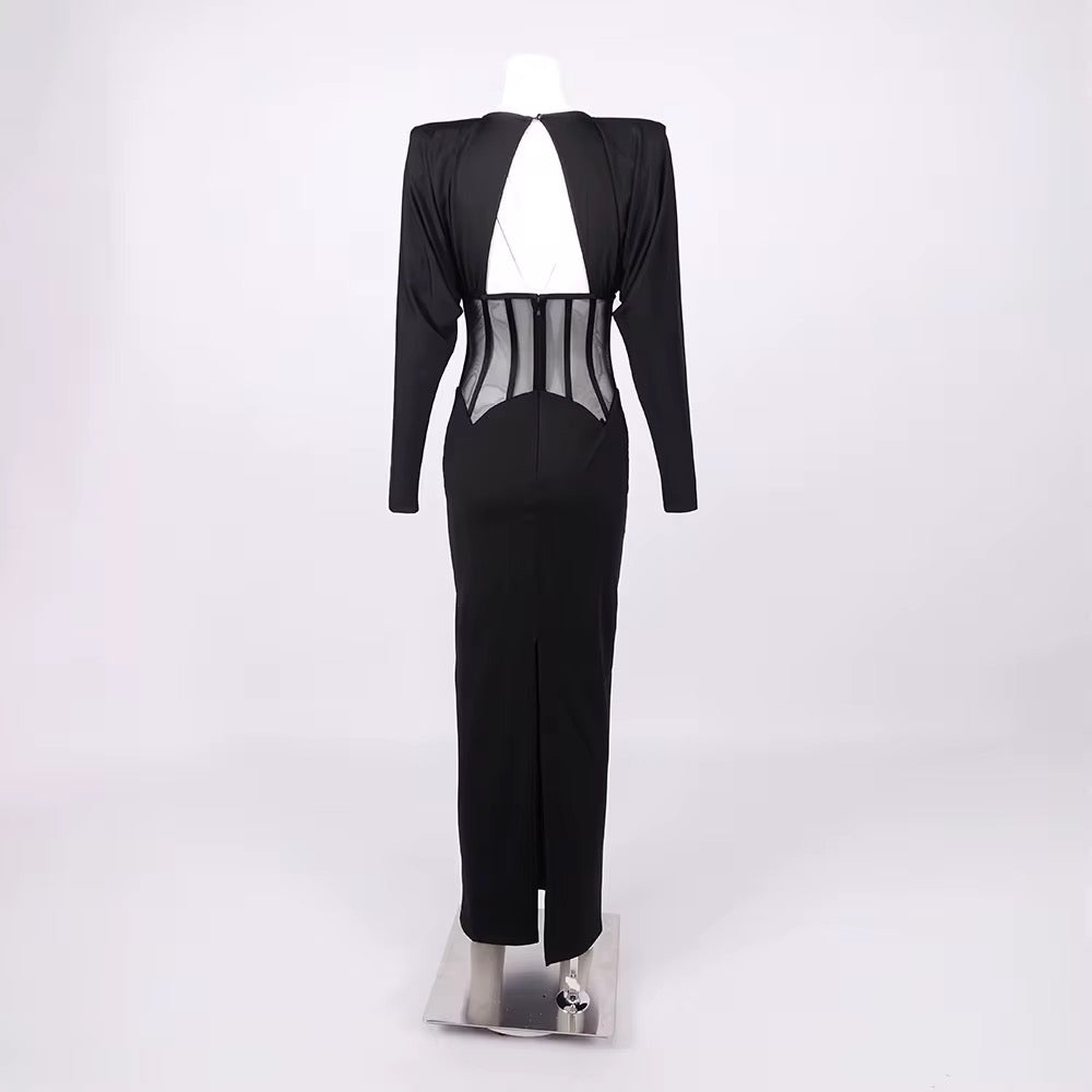 Premium Cut-Out Mesh Gown - Floor-Length Bodycon Evening Dress