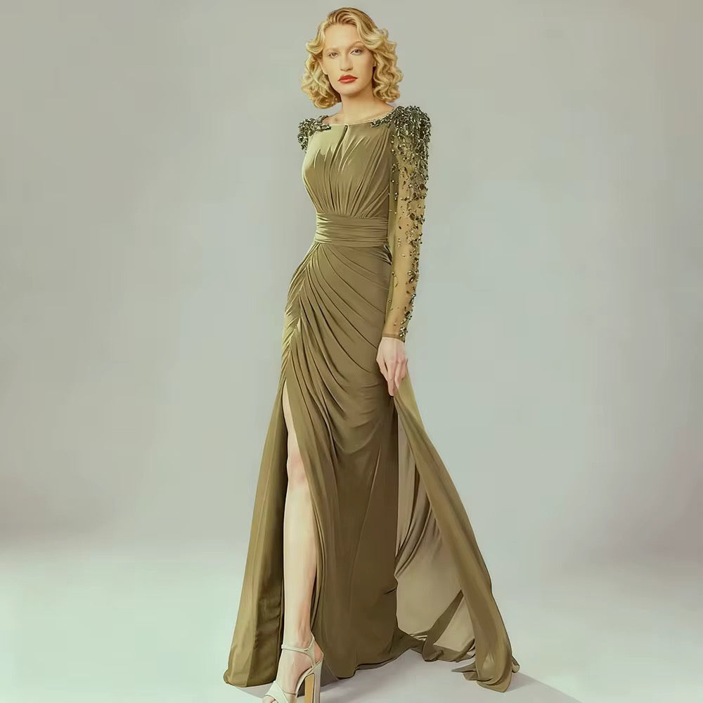 Luxury Olive Green Evening Dress - Beaded Maxi Gown