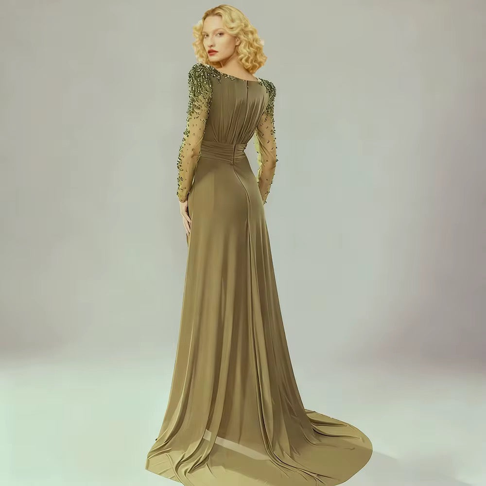 Luxury Olive Green Evening Dress - Beaded Maxi Gown