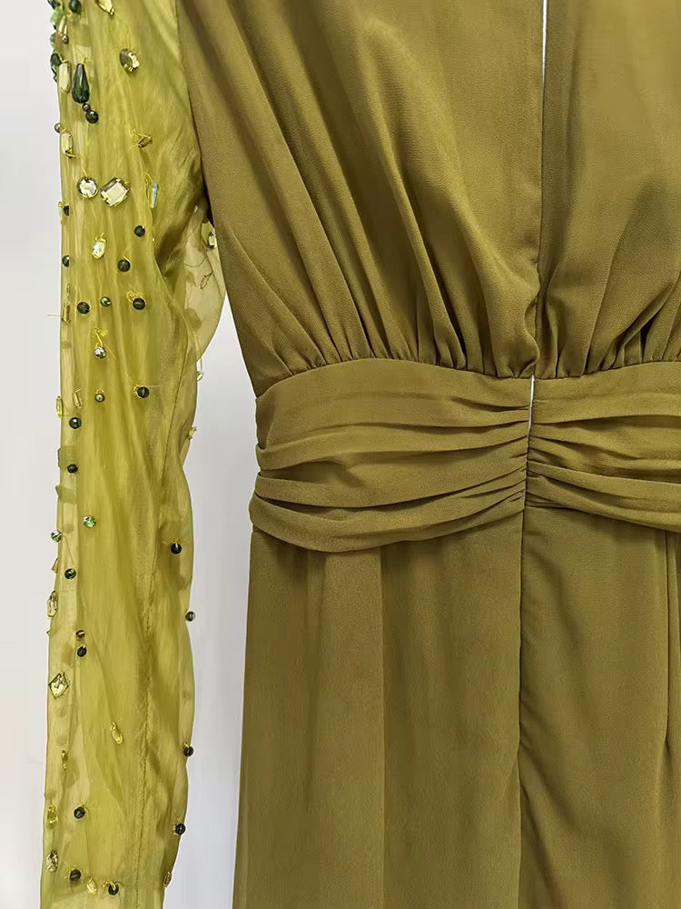 Luxury Olive Green Evening Dress - Beaded Maxi Gown