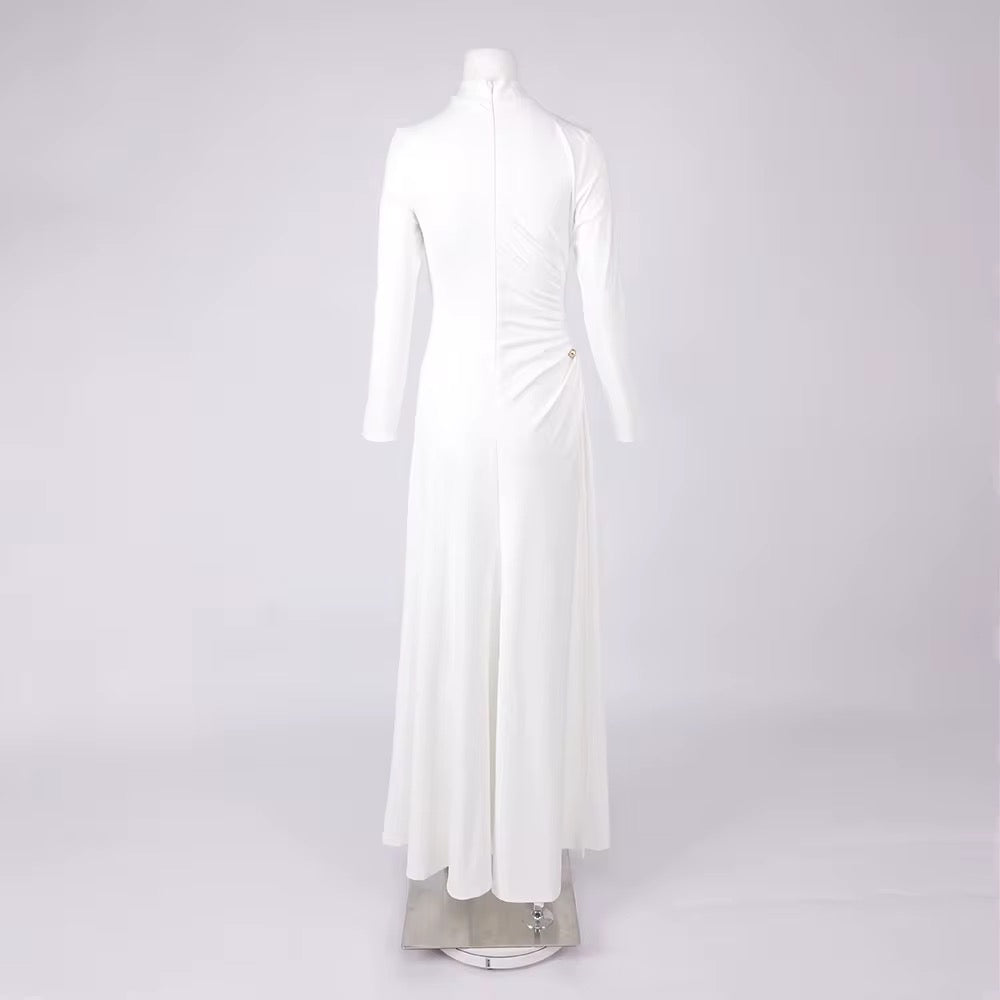 Elegant White High Neck Long Sleeve Evening Dress - Party Gown