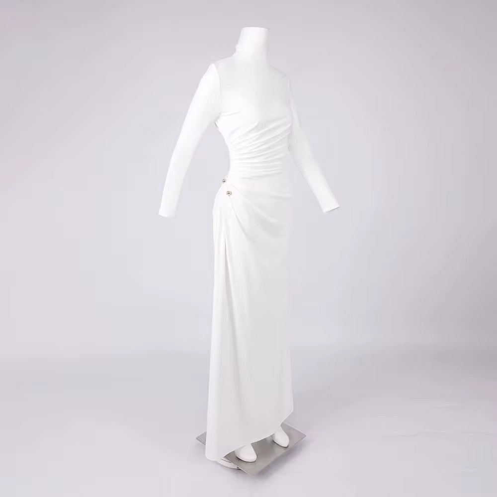Elegant White High Neck Long Sleeve Evening Dress - Party Gown
