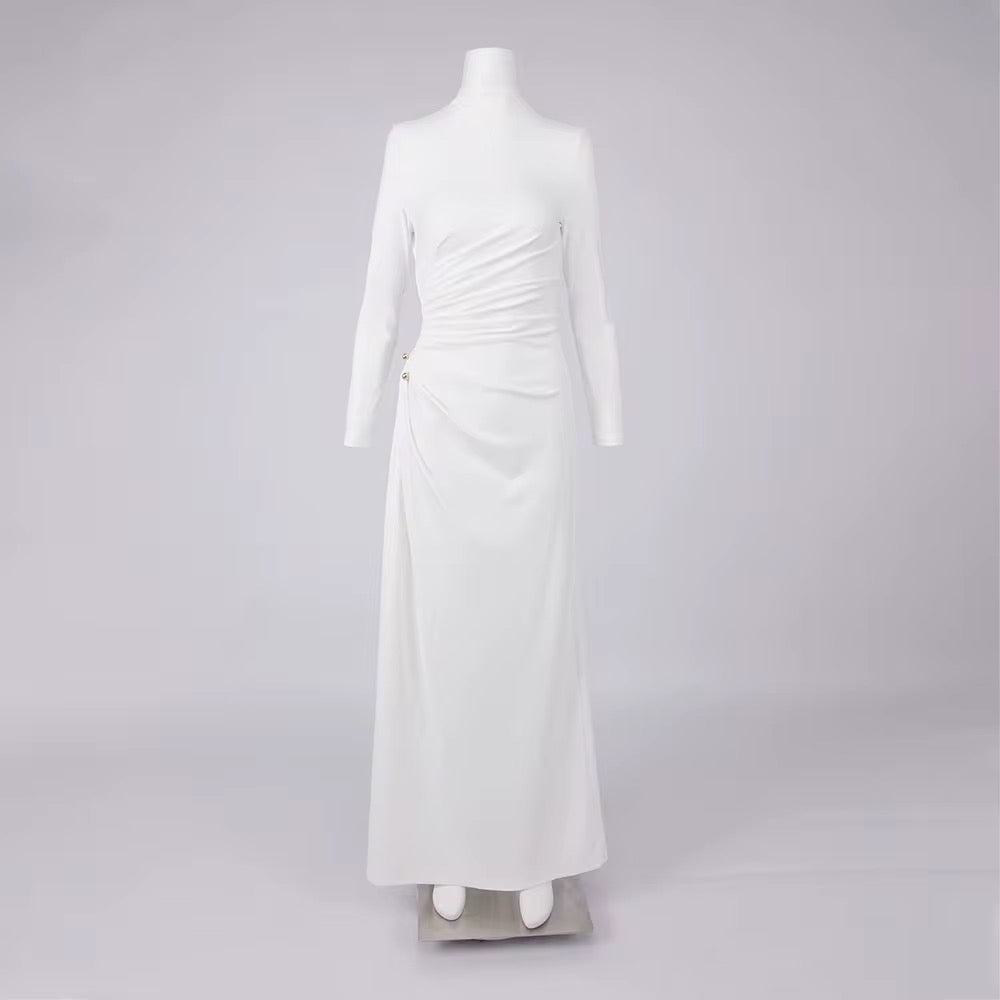 Elegant White High Neck Long Sleeve Evening Dress - Party Gown