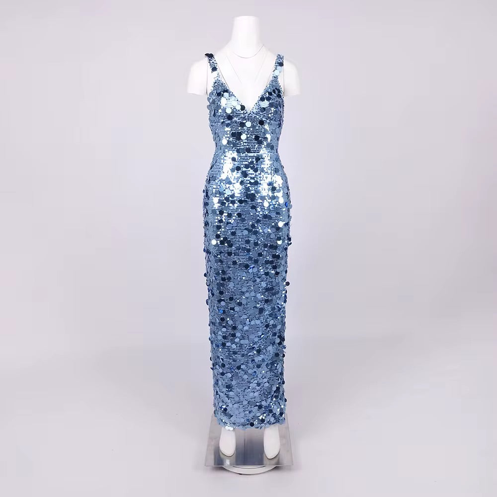 Luxury Blue Sequin Evening Dress - V-Neck Party Gown