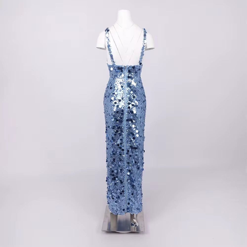 Luxury Blue Sequin Evening Dress - V-Neck Party Gown