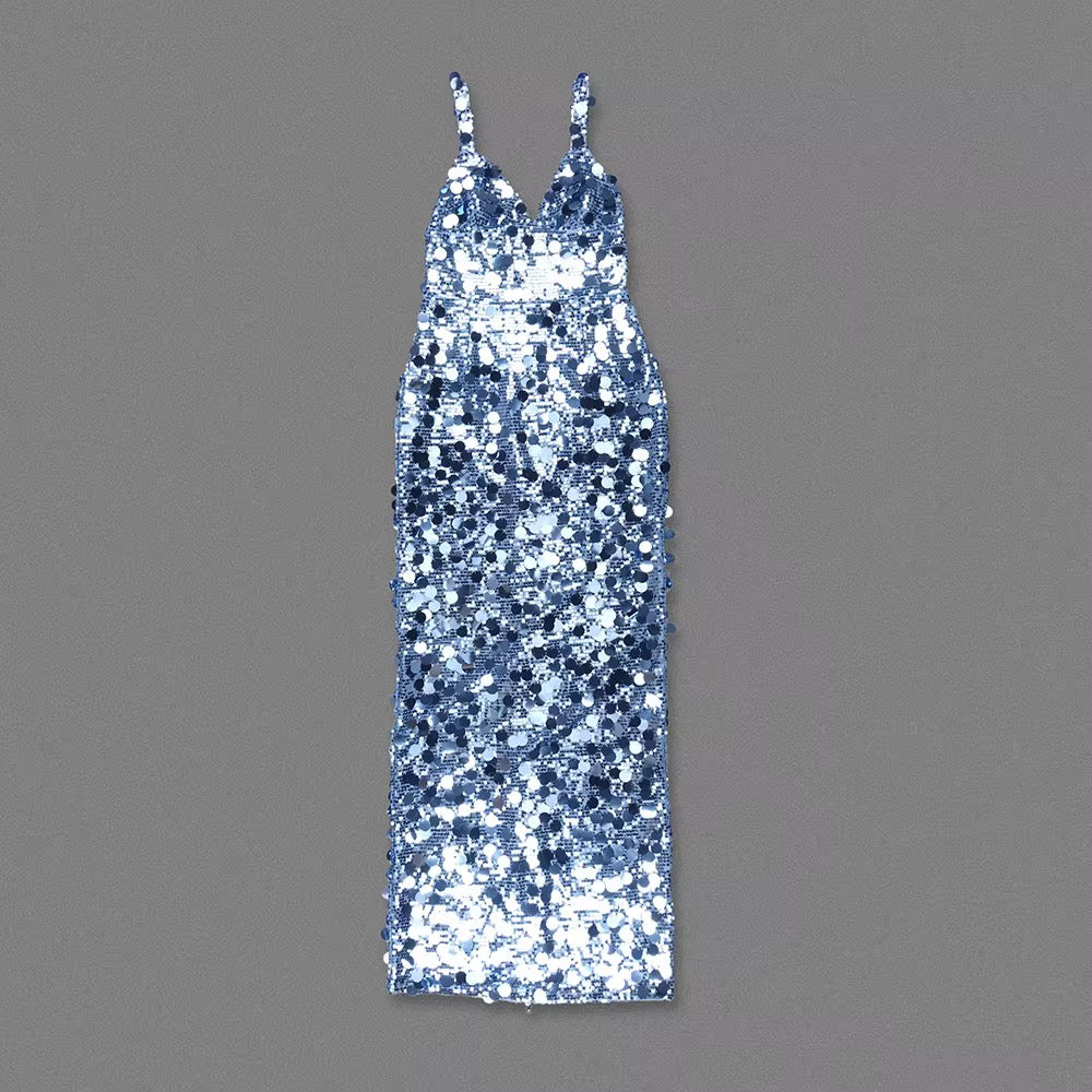 Luxury Blue Sequin Evening Dress - V-Neck Party Gown
