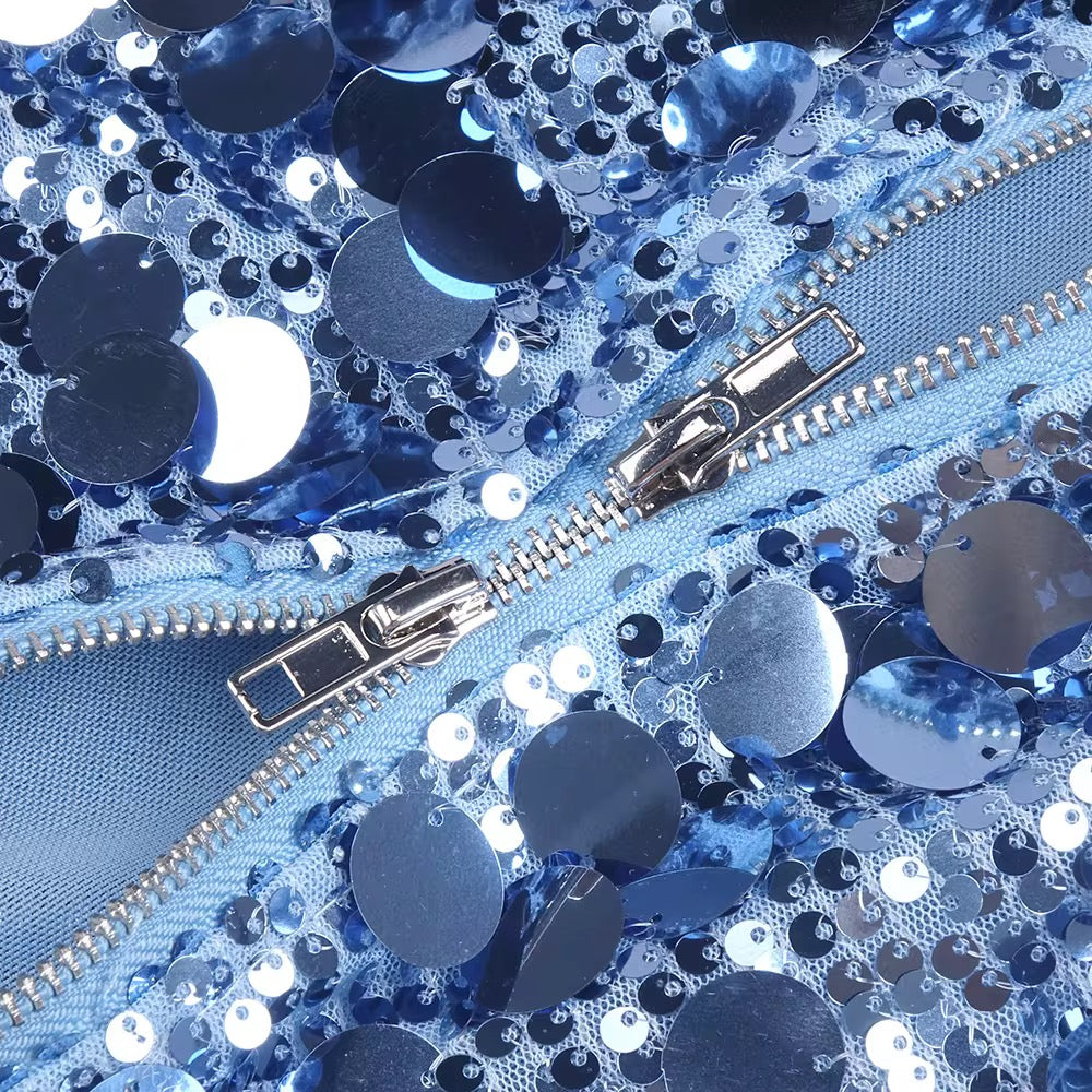 Luxury Blue Sequin Evening Dress - V-Neck Party Gown