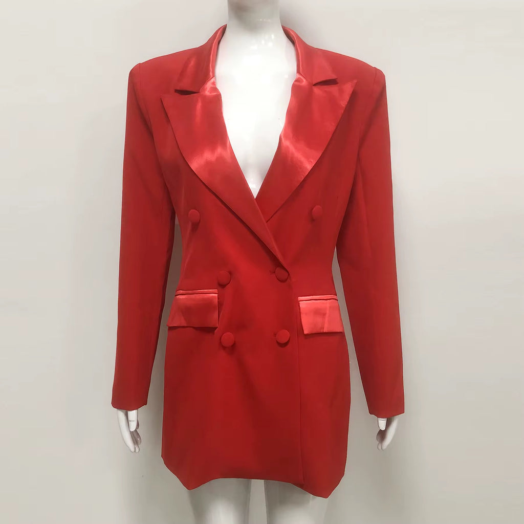 High-End Custom Designer Women's Blazer - Red Notched Collar Jacket