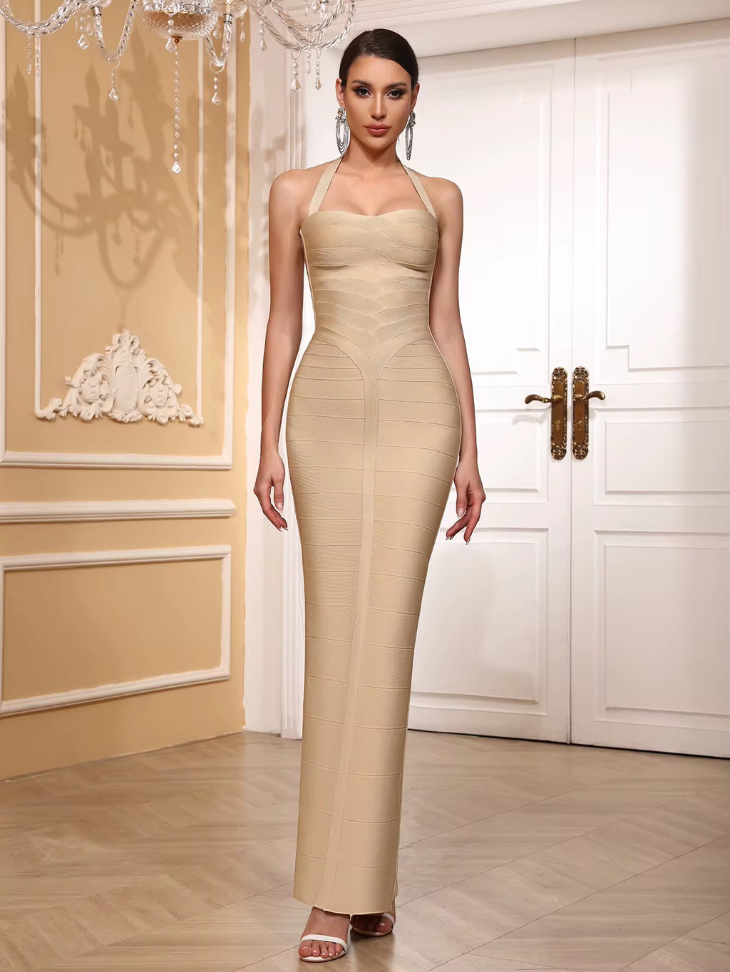 Vintage Knitted Halter Maxi Dress - Elegant Ball Gown