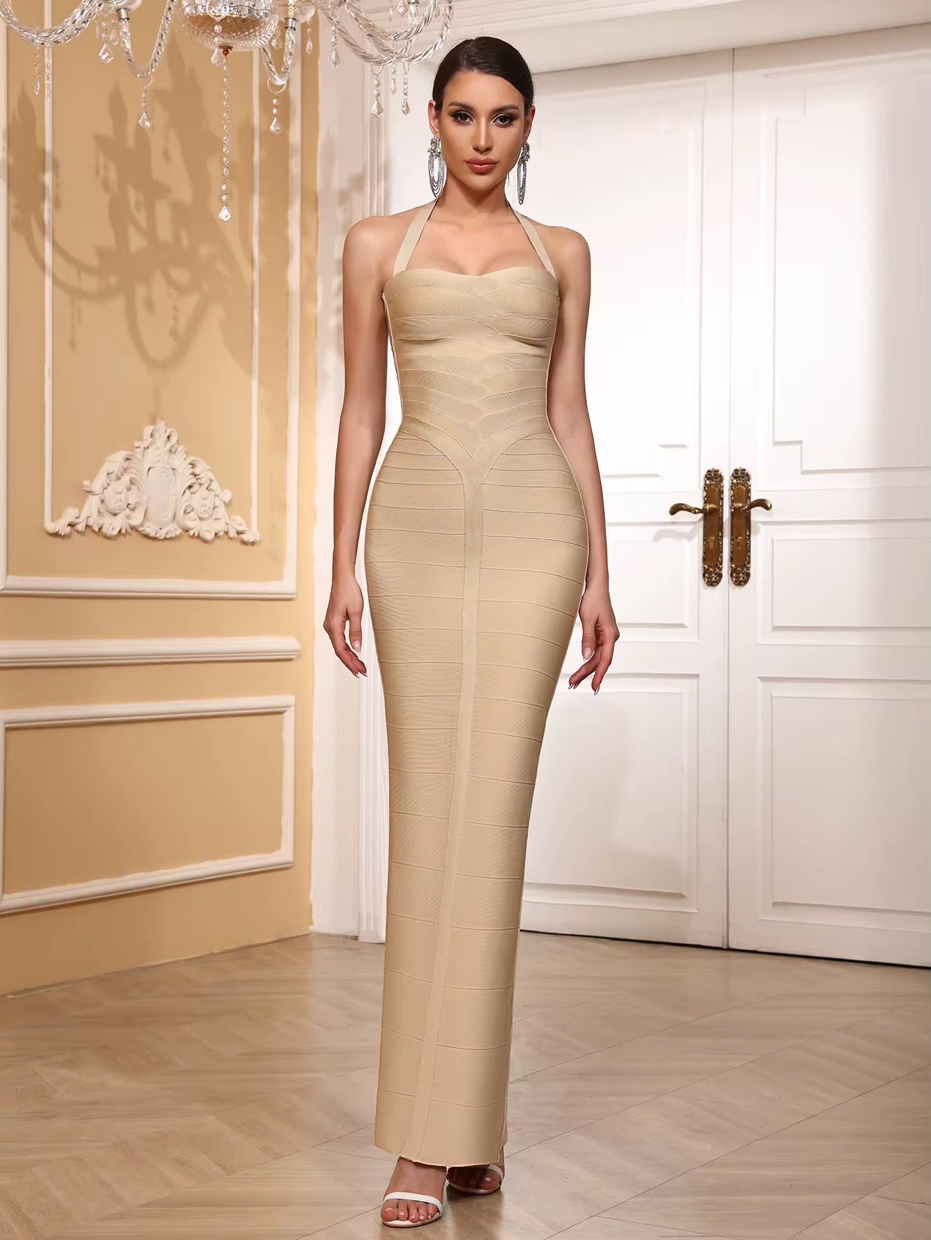 Vintage Knitted Halter Maxi Dress - Elegant Ball Gown