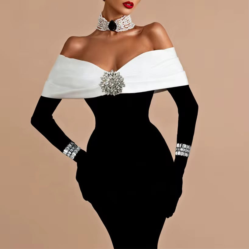 Elegant Black Off-Shoulder Bandage Dress with White Bow