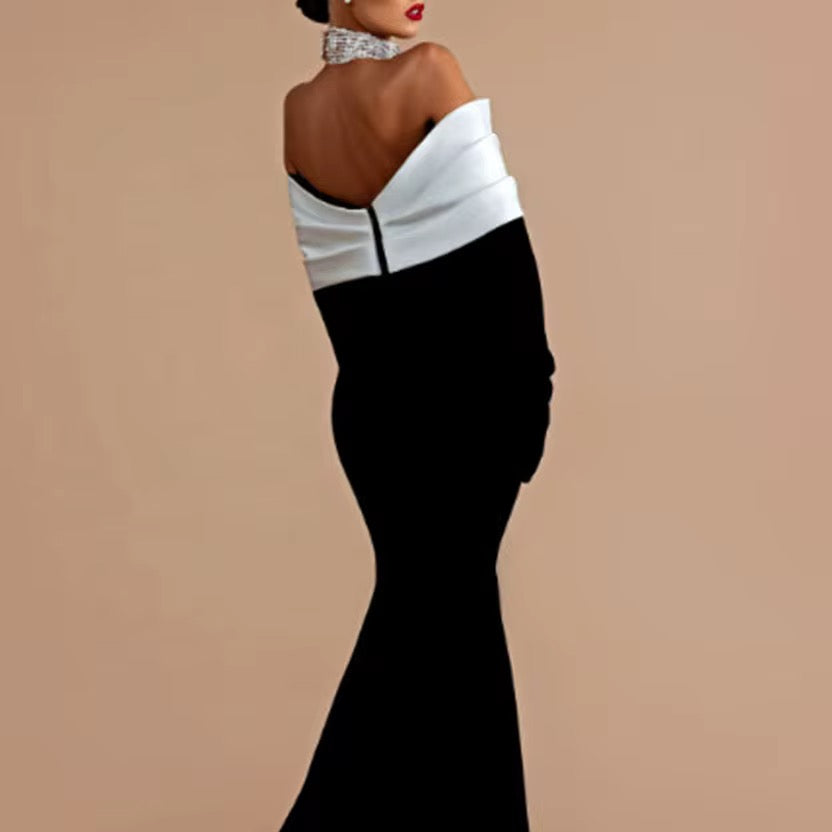 Elegant Black Off-Shoulder Bandage Dress with White Bow