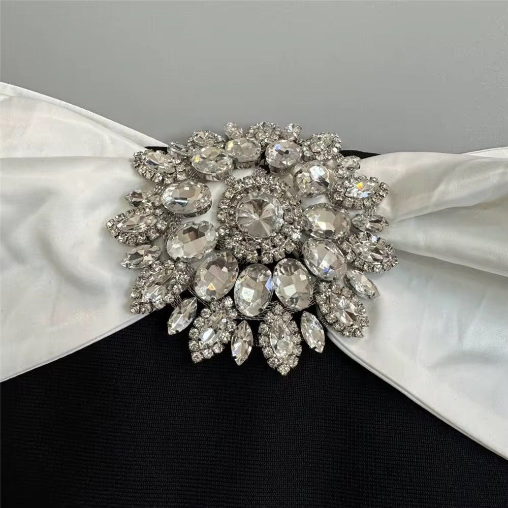 Elegant Black Off-Shoulder Bandage Dress with White Bow