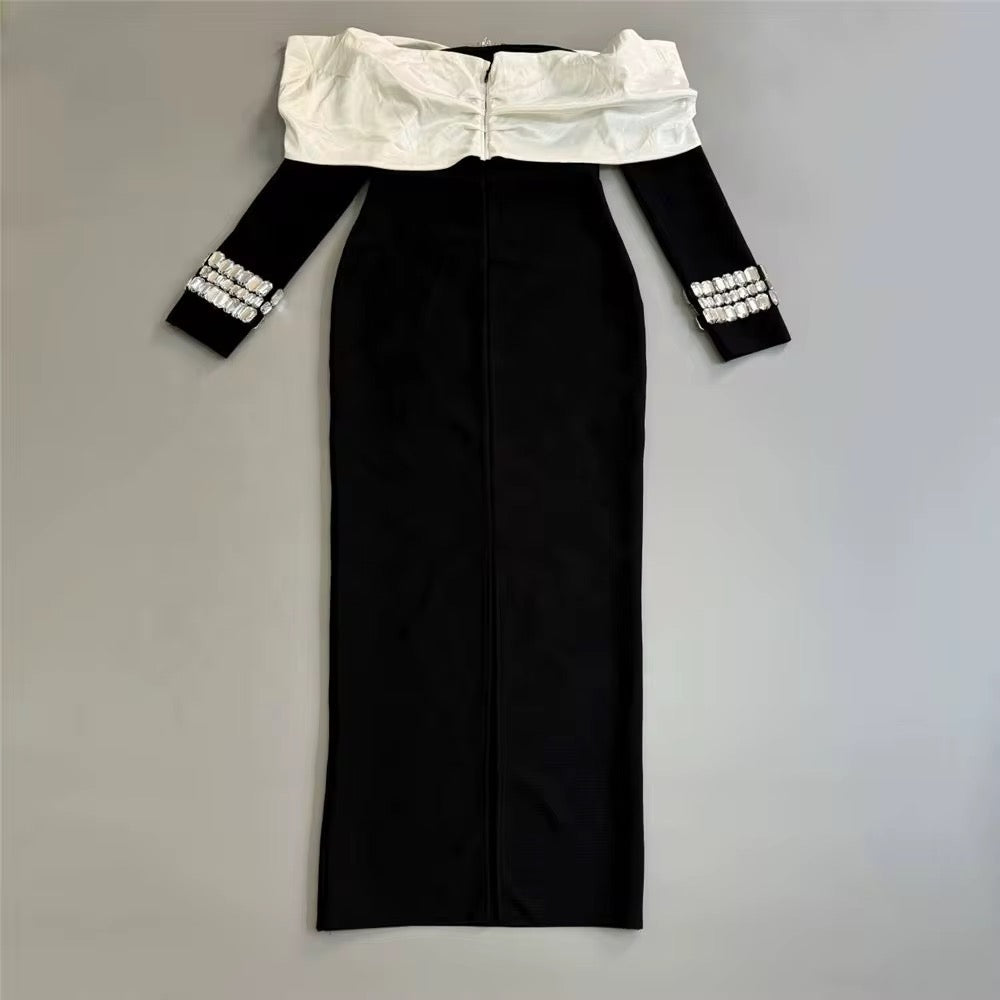 Elegant Black Off-Shoulder Bandage Dress with White Bow